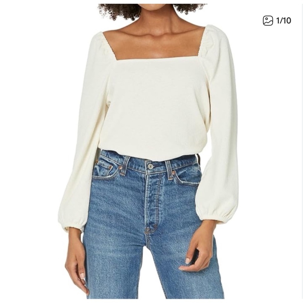 Madewell Cream Square-Neck Puff Sleeve Top — Soft Neutral